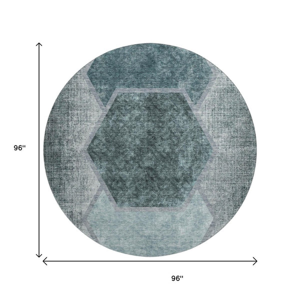 HomeRoots 8' Teal and Ivory Geometric Round Rug – Washable, UV-Protected, Perfect for Kids and Pets! 655893