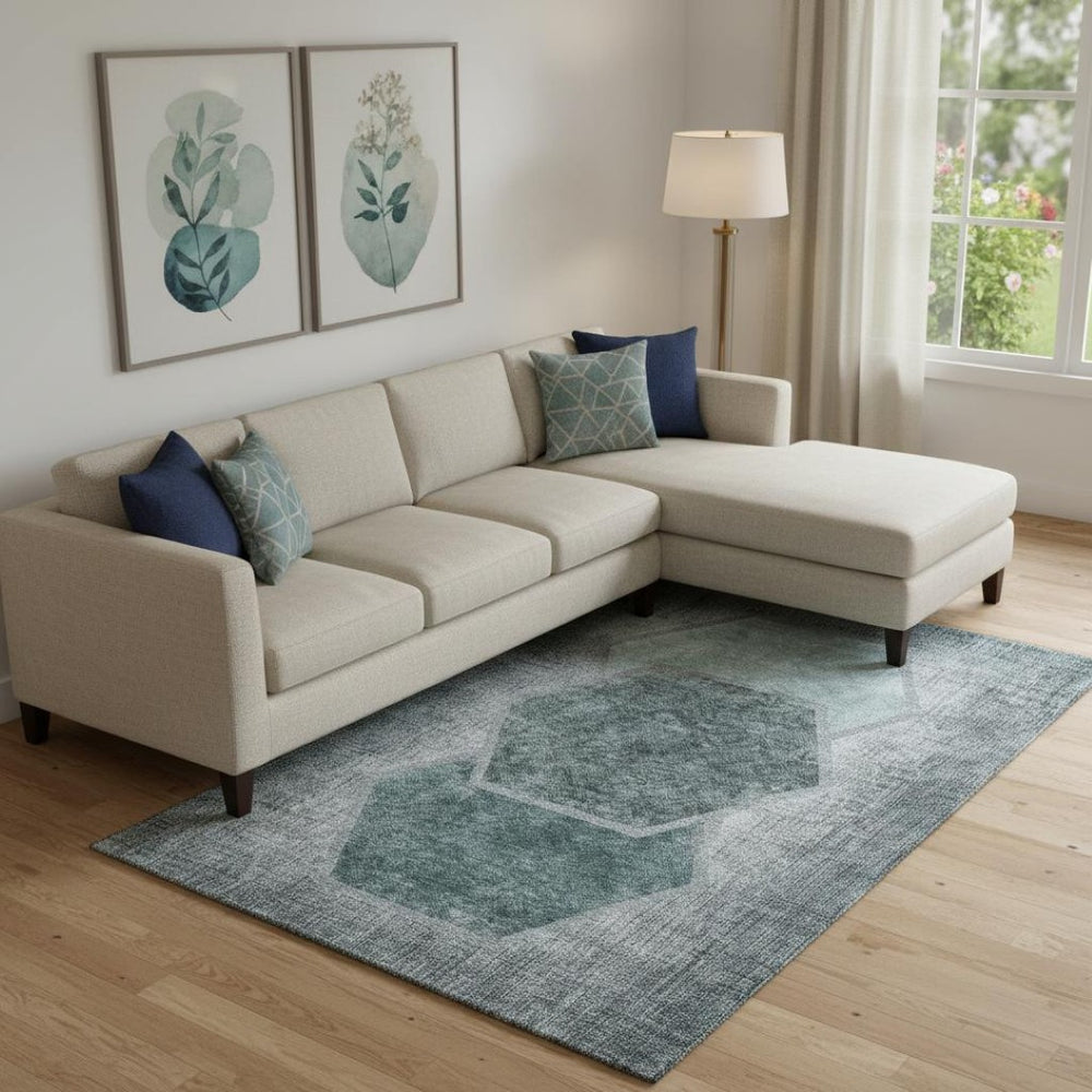HomeRoots 8' X 10' Teal & Ivory Geometric Area Rug - Washable, UV-Protected, Durable for High-Traffic Spaces 655894