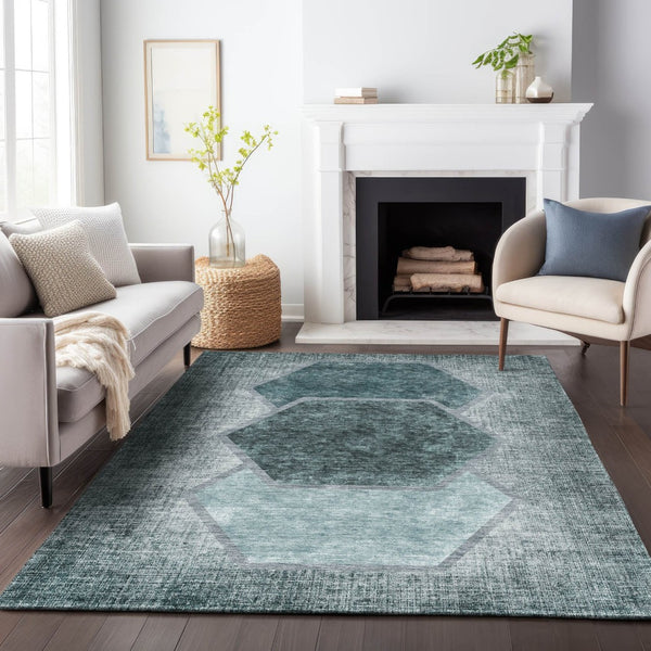 HomeRoots 8' X 10' Teal & Ivory Geometric Area Rug - Washable, UV-Protected, Durable for High-Traffic Spaces 655894