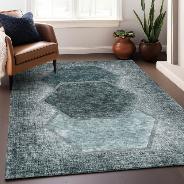 HomeRoots 8' X 10' Teal & Ivory Geometric Area Rug - Washable, UV-Protected, Durable for High-Traffic Spaces 655894