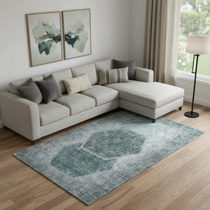 HomeRoots 10' X 14' Teal & Ivory Geometric Area Rug - Stylish, Washable, UV-Protected for High-Traffic Spaces 655896