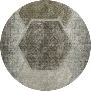 HomeRoots 8' Washable Round Rug with Taupe & Brown Geometric Design—Stain Resistant, UV Protected, Durable Style 655899