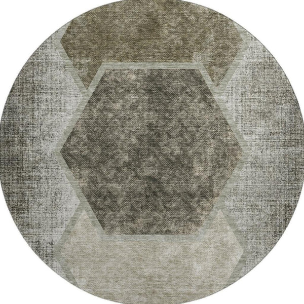 HomeRoots 8' Washable Round Rug with Taupe & Brown Geometric Design—Stain Resistant, UV Protected, Durable Style 655899