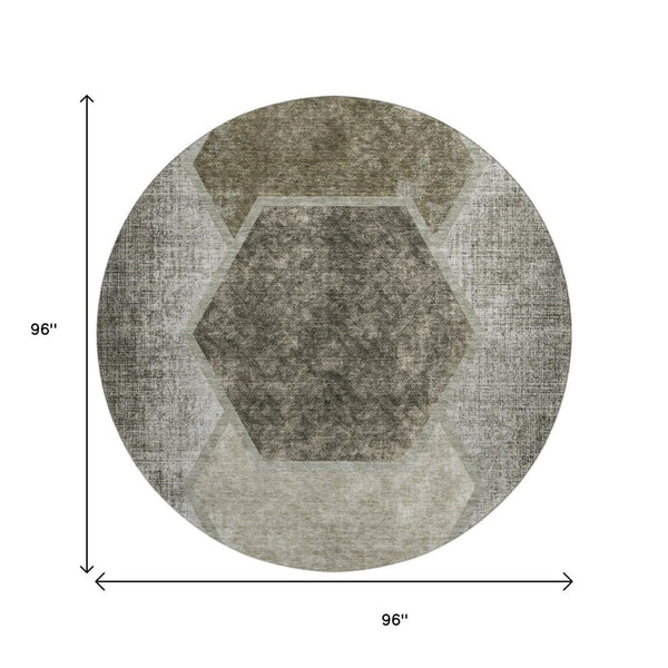 HomeRoots 8' Washable Round Rug with Taupe & Brown Geometric Design—Stain Resistant, UV Protected, Durable Style 655899
