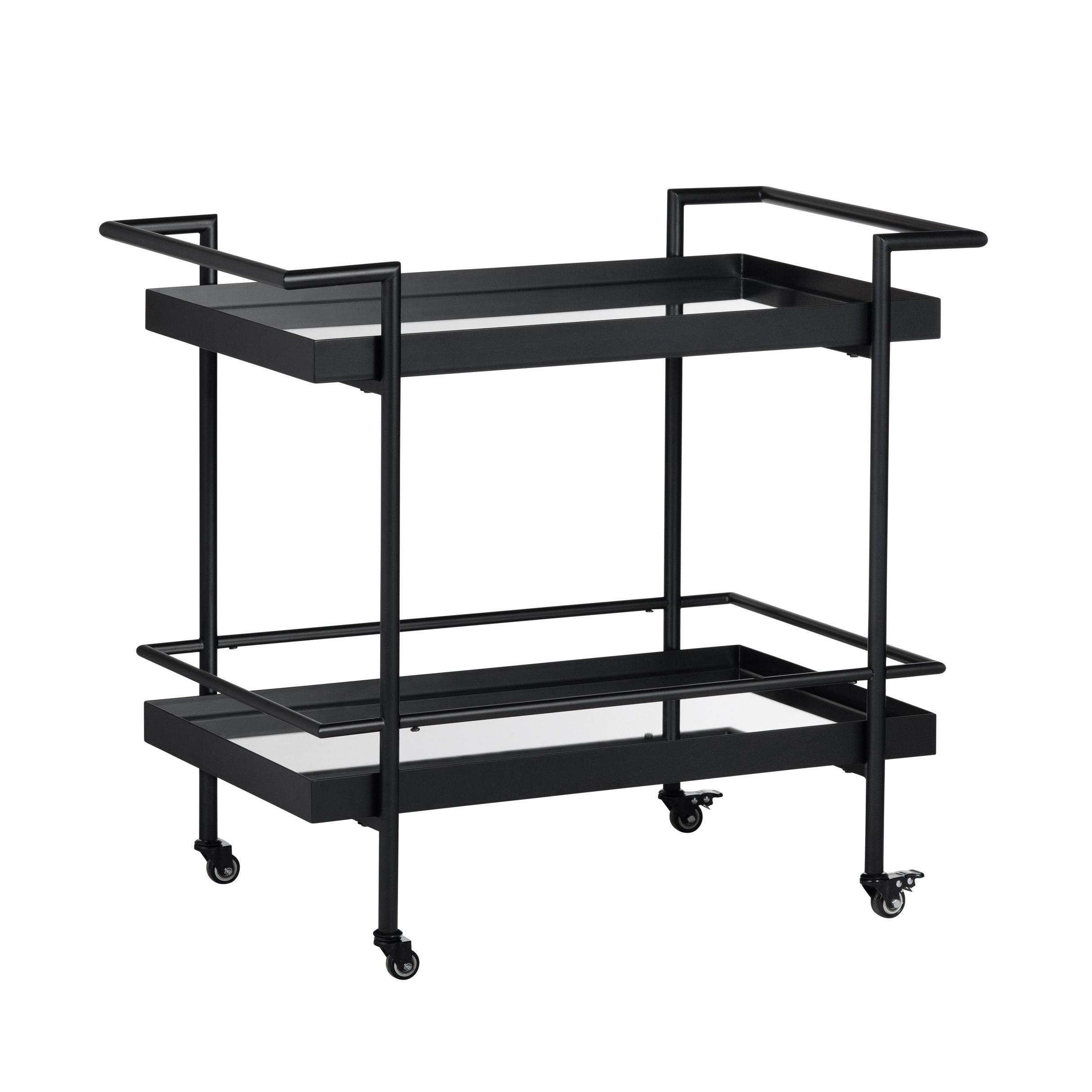 Transitional Black Bar Cart with Elegant Iron Frame, Mirrored Shelves