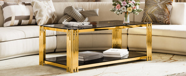 English Elm Modern Glam Rectangular Coffee Table with Mirrored Top Gold Sculptural Frame Open Shelf Black N735P380099B