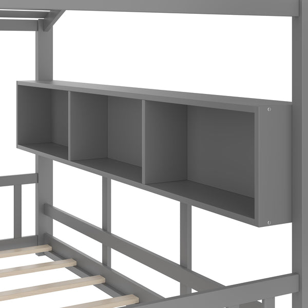 English Elm Full House Floor Bed with Roof Playhouse Design, Montessori Style with Rear Storage Shelf, Sturdy Pine Gray 78.5 L x 16.35 W x 8 H N733P335068E