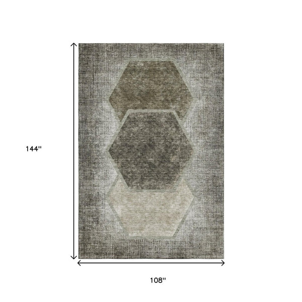 HomeRoots 9' X 12' Taupe & Brown Geometric Washable Area Rug - Durable, Stain Resistant, UV Protected Design 655901