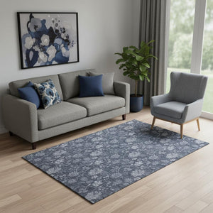 HomeRoots 5' X 8' Blue And Ivory Floral Area Rug – Durable, Washable, UV-Protected for Homes with Kids & Pets 655910
