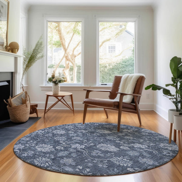 HomeRoots 8' Blue And Ivory Floral Washable Round Rug - UV-Resistant, Stain-Proof, Perfect for Homes with Kids & Pets 655911