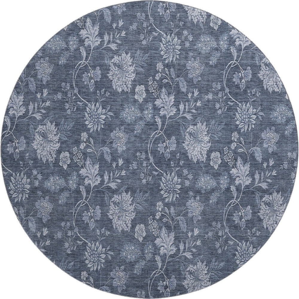 HomeRoots 8' Blue And Ivory Floral Washable Round Rug - UV-Resistant, Stain-Proof, Perfect for Homes with Kids & Pets 655911