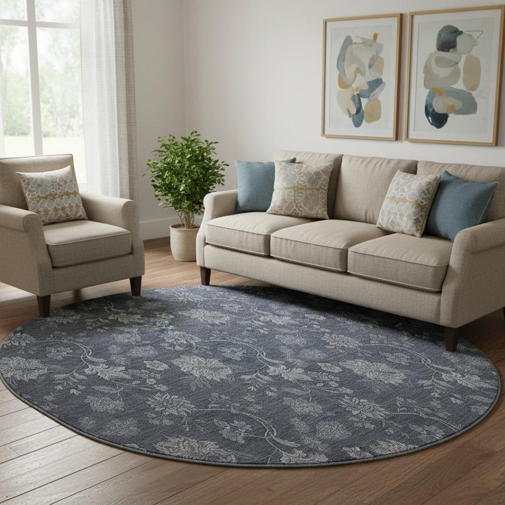 HomeRoots 8' Blue And Ivory Floral Washable Round Rug - UV-Resistant, Stain-Proof, Perfect for Homes with Kids & Pets 655911