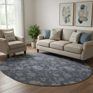 HomeRoots 8' Blue And Ivory Floral Washable Round Rug - UV-Resistant, Stain-Proof, Perfect for Homes with Kids & Pets 655911
