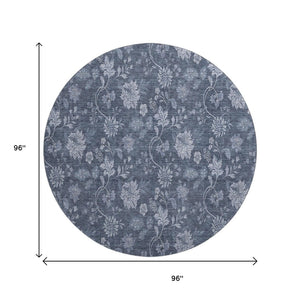 HomeRoots 8' Blue And Ivory Floral Washable Round Rug - UV-Resistant, Stain-Proof, Perfect for Homes with Kids & Pets 655911