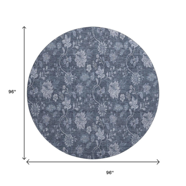 HomeRoots 8' Blue And Ivory Floral Washable Round Rug - UV-Resistant, Stain-Proof, Perfect for Homes with Kids & Pets 655911