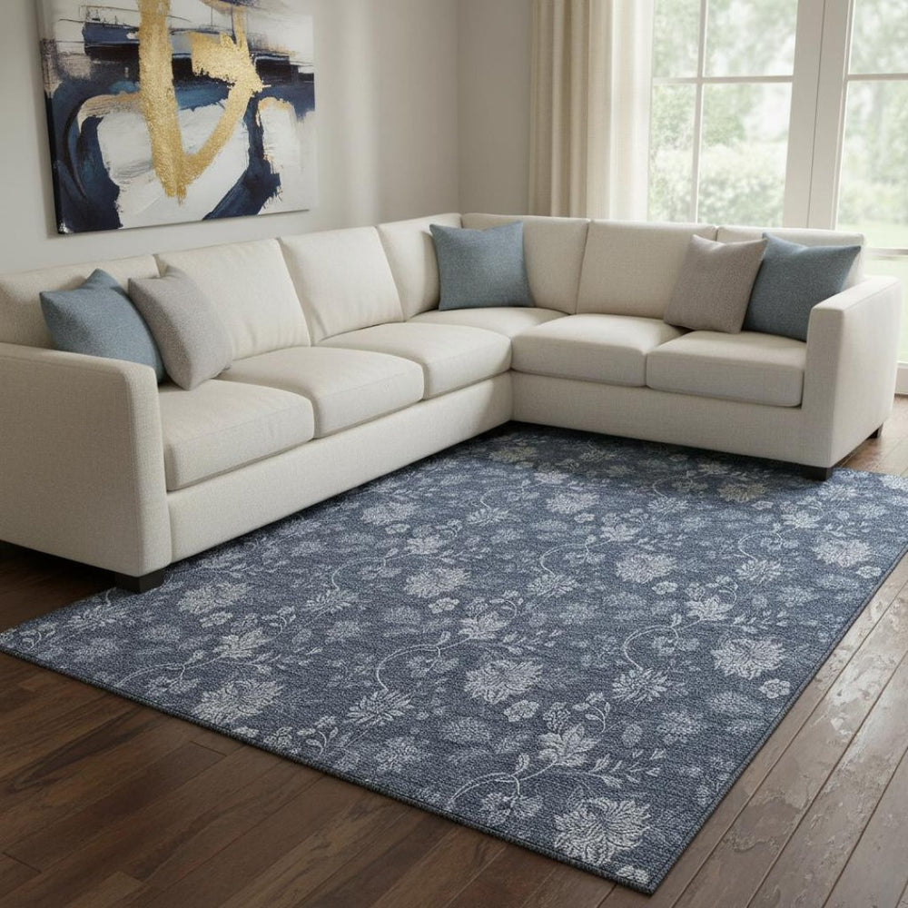 HomeRoots 10' Blue and Ivory Floral Washable Area Rug - Durable, UV-Protected, Ideal for High-Traffic Spaces! 655914