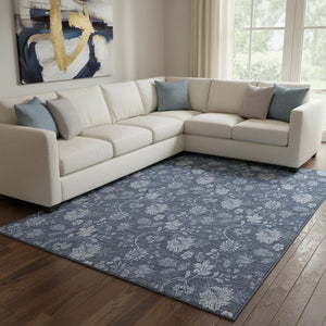 HomeRoots 10' Blue and Ivory Floral Washable Area Rug - Durable, UV-Protected, Ideal for High-Traffic Spaces! 655914