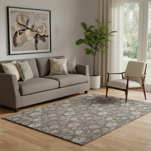 HomeRoots 5' X 8' Floral Area Rug in Chocolate & Beige - Washable, UV-Protected, Durable & Stylish Home Accent 655916