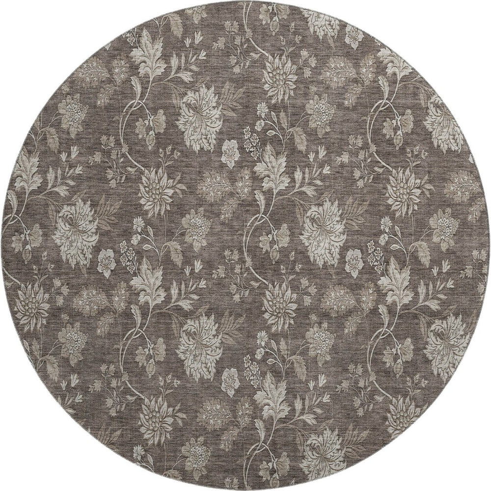 HomeRoots 8' Chocolate and Beige Floral Washable Round Rug – Durable, UV-Protected & Easy-Care for Any Space! 655917