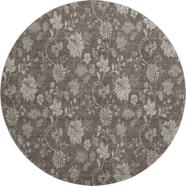 HomeRoots 8' Chocolate and Beige Floral Washable Round Rug – Durable, UV-Protected & Easy-Care for Any Space! 655917