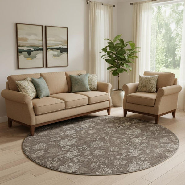 HomeRoots 8' Chocolate and Beige Floral Washable Round Rug – Durable, UV-Protected & Easy-Care for Any Space! 655917