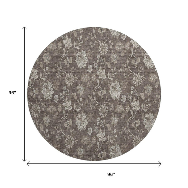 HomeRoots 8' Chocolate and Beige Floral Washable Round Rug – Durable, UV-Protected & Easy-Care for Any Space! 655917