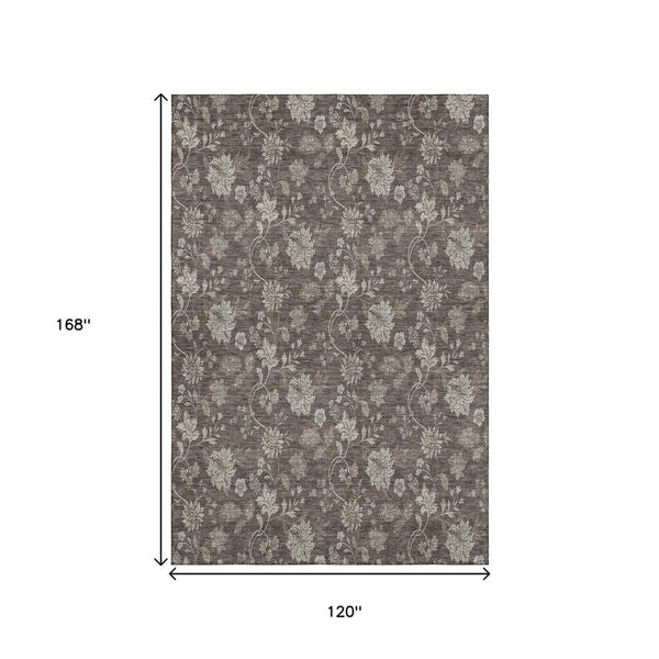 HomeRoots 10' X 14' Elegant Floral Washable Area Rug - Chocolate & Beige with UV Protection for Durability 655920