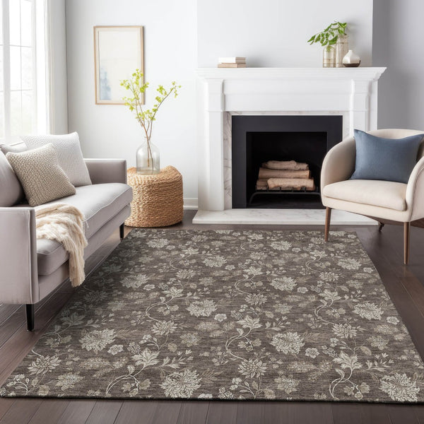 HomeRoots 10' X 14' Elegant Floral Washable Area Rug - Chocolate & Beige with UV Protection for Durability 655920