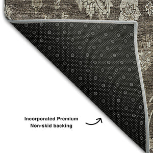 HomeRoots 10' X 14' Elegant Floral Washable Area Rug - Chocolate & Beige with UV Protection for Durability 655920