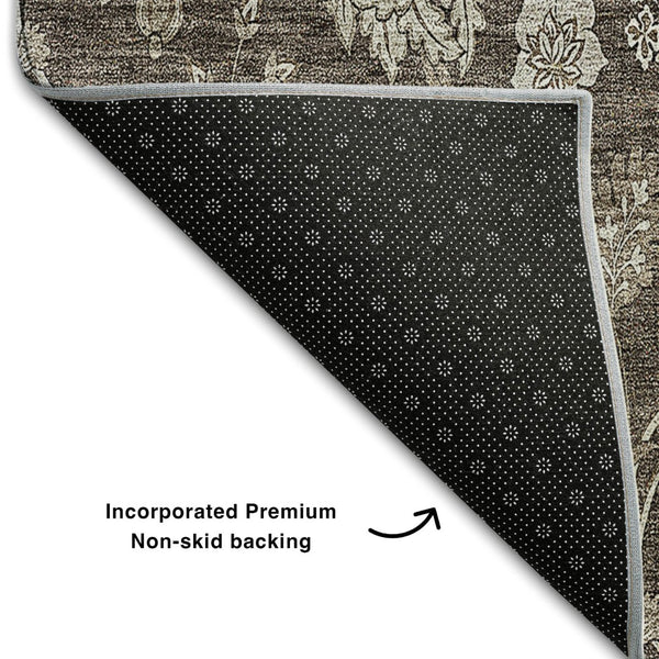 HomeRoots 10' X 14' Elegant Floral Washable Area Rug - Chocolate & Beige with UV Protection for Durability 655920