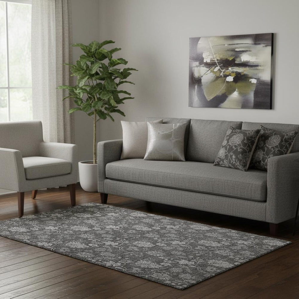 HomeRoots 5' X 8' Gray and Silver Floral Washable Area Rug - Durable, Stylish, UV-Protected for Busy Homes 655922