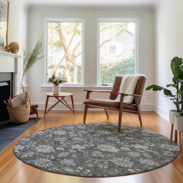 HomeRoots 8' Gray and Silver Floral Washable Round Rug with UV Protection, Stain Resistance & Soft Comfort 655923