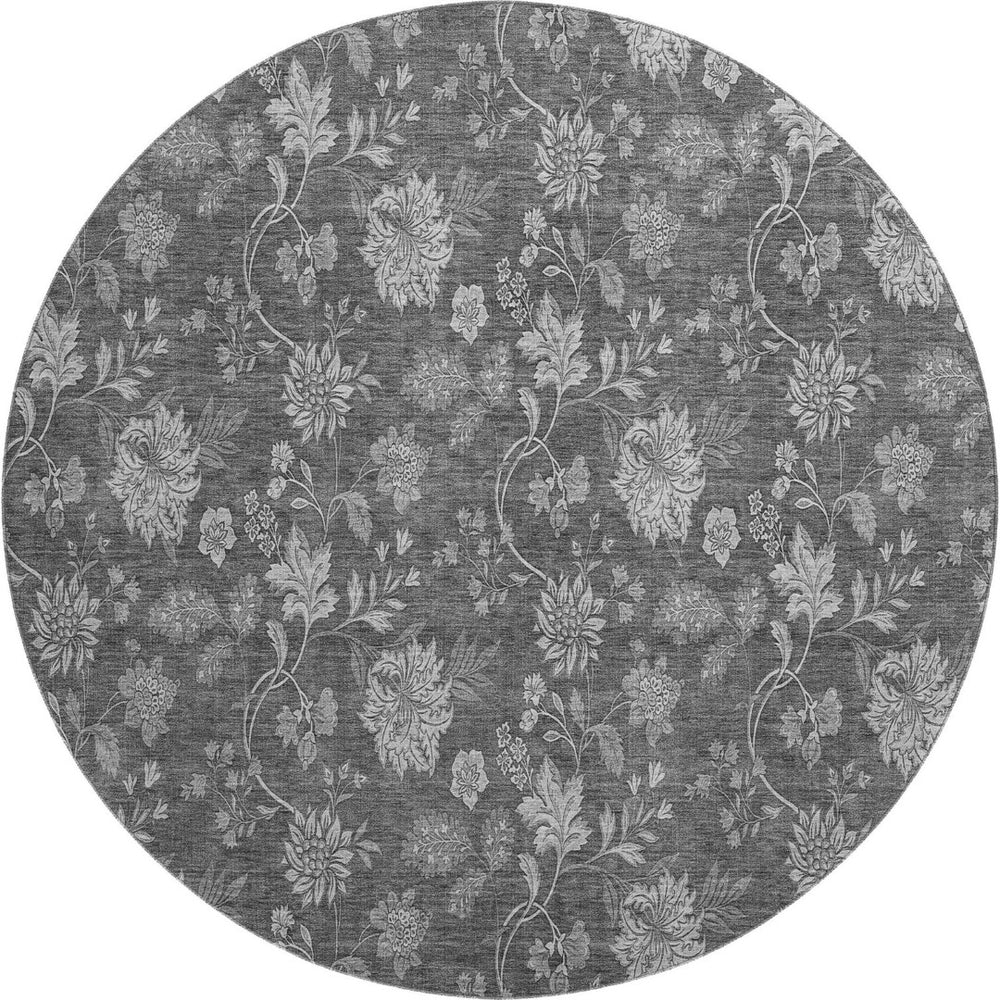 HomeRoots 8' Gray and Silver Floral Washable Round Rug with UV Protection, Stain Resistance & Soft Comfort 655923