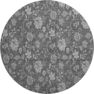 HomeRoots 8' Gray and Silver Floral Washable Round Rug with UV Protection, Stain Resistance & Soft Comfort 655923