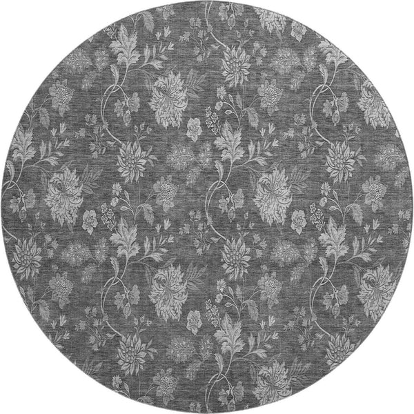 HomeRoots 8' Gray and Silver Floral Washable Round Rug with UV Protection, Stain Resistance & Soft Comfort 655923