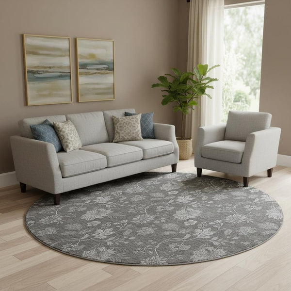 HomeRoots 8' Gray and Silver Floral Washable Round Rug with UV Protection, Stain Resistance & Soft Comfort 655923