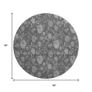 HomeRoots 8' Gray and Silver Floral Washable Round Rug with UV Protection, Stain Resistance & Soft Comfort 655923