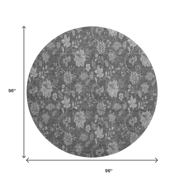 HomeRoots 8' Gray and Silver Floral Washable Round Rug with UV Protection, Stain Resistance & Soft Comfort 655923