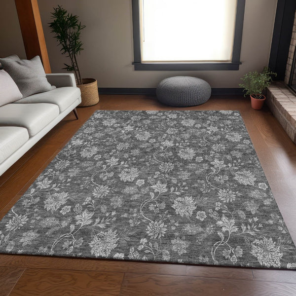 HomeRoots 8' X 10' Gray & Silver Floral Area Rug - Washable, UV Protected, Durable for Homes with Kids & Pets 655924