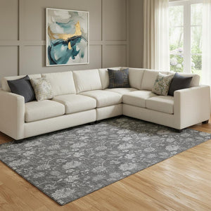 HomeRoots 8' X 10' Gray & Silver Floral Area Rug - Washable, UV Protected, Durable for Homes with Kids & Pets 655924