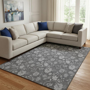 HomeRoots 9' X 12' Gray and Silver Floral Washable Area Rug – Stain Resistant, UV Protected, Stylish Design 655925