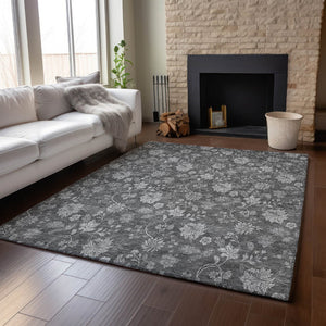 HomeRoots 9' X 12' Gray and Silver Floral Washable Area Rug – Stain Resistant, UV Protected, Stylish Design 655925