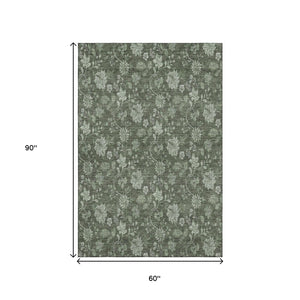HomeRoots 5' Olive Green and Gray Floral Washable Area Rug - Stylish, Durable, UV-Protected for Every Space 655928