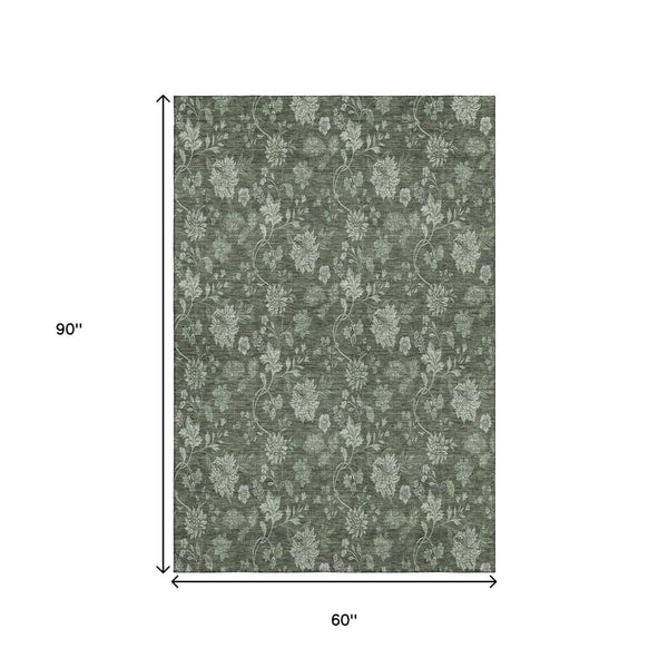 HomeRoots 5' Olive Green and Gray Floral Washable Area Rug - Stylish, Durable, UV-Protected for Every Space 655928