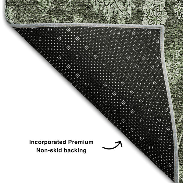 HomeRoots 5' Olive Green and Gray Floral Washable Area Rug - Stylish, Durable, UV-Protected for Every Space 655928