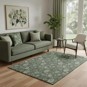 HomeRoots 5' Olive Green and Gray Floral Washable Area Rug - Stylish, Durable, UV-Protected for Every Space 655928
