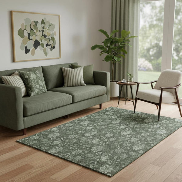 HomeRoots 5' Olive Green and Gray Floral Washable Area Rug - Stylish, Durable, UV-Protected for Every Space 655928