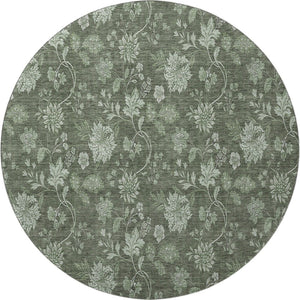 HomeRoots 8' Olive Green and Gray Floral Washable Round Rug with Stain Resistance & UV Protection for Homes 655929