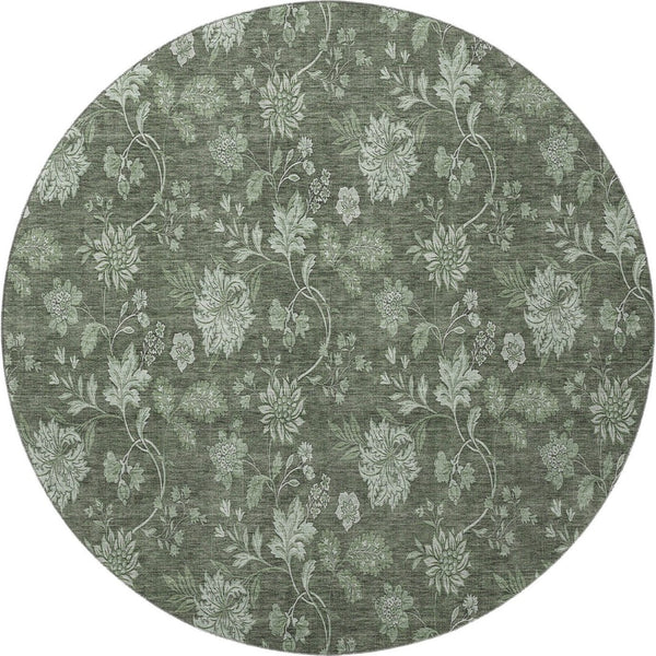 HomeRoots 8' Olive Green and Gray Floral Washable Round Rug with Stain Resistance & UV Protection for Homes 655929
