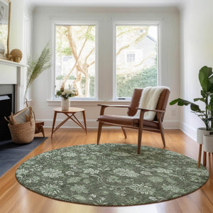 HomeRoots 8' Olive Green and Gray Floral Washable Round Rug with Stain Resistance & UV Protection for Homes 655929